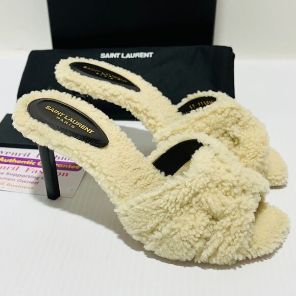 Saint Laurent Tribute 85 39.5/US 9.5 Shearling Sandals Natural Stiletto Heel NIB - Picture 6 of 12